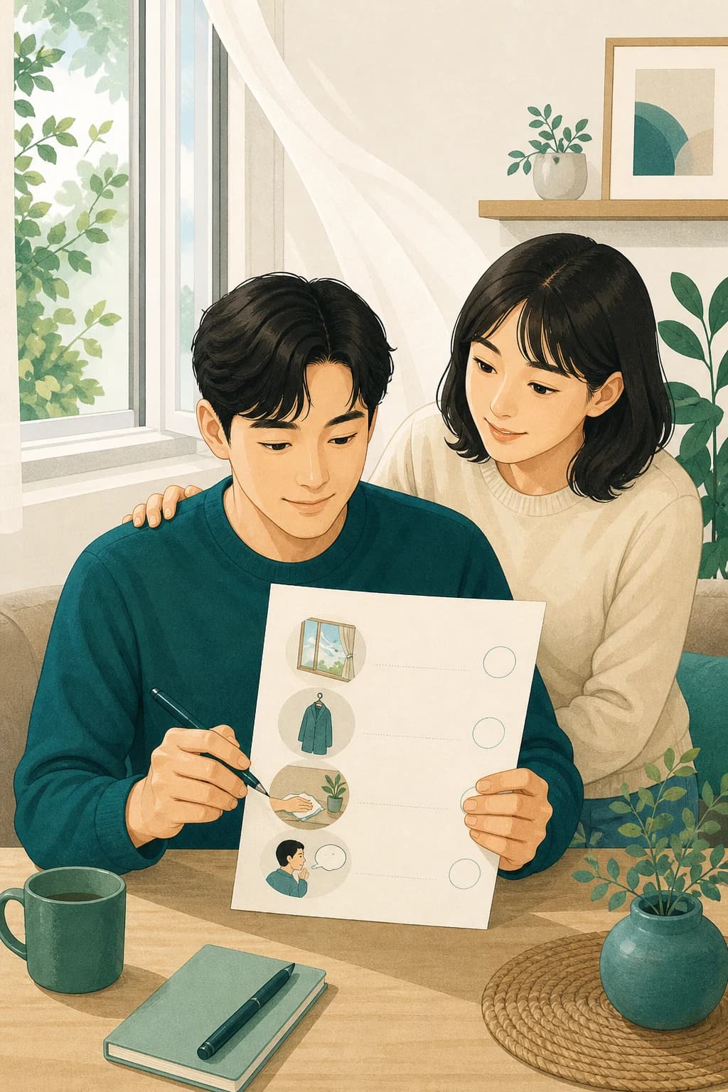 성인 두 명이 창문과 옷, 표면 정리와 관찰표를 함께 살피는 교육용 삽화
