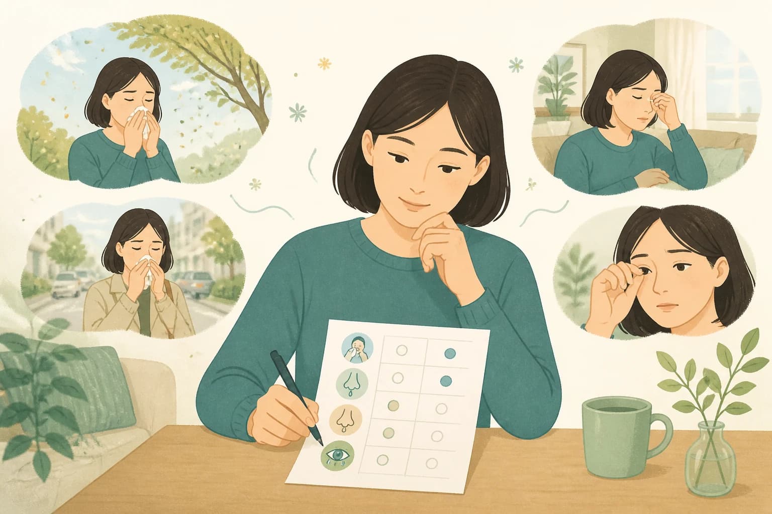 실외와 실내에서 생긴 코와 눈의 변화를 관찰표에 적는 성인의 교육용 삽화