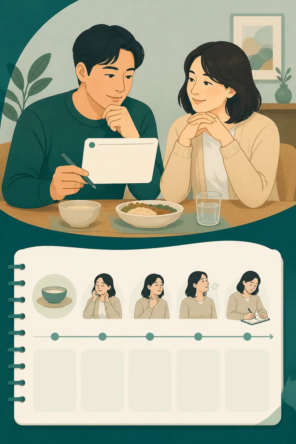 두 성인이 식사 뒤 증상 시간표와 질문 카드를 함께 살피는 교육용 삽화