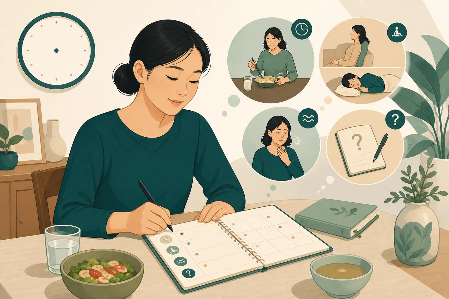 식사와 자세, 불편의 시간 흐름을 관찰 노트에 적는 성인의 교육용 삽화