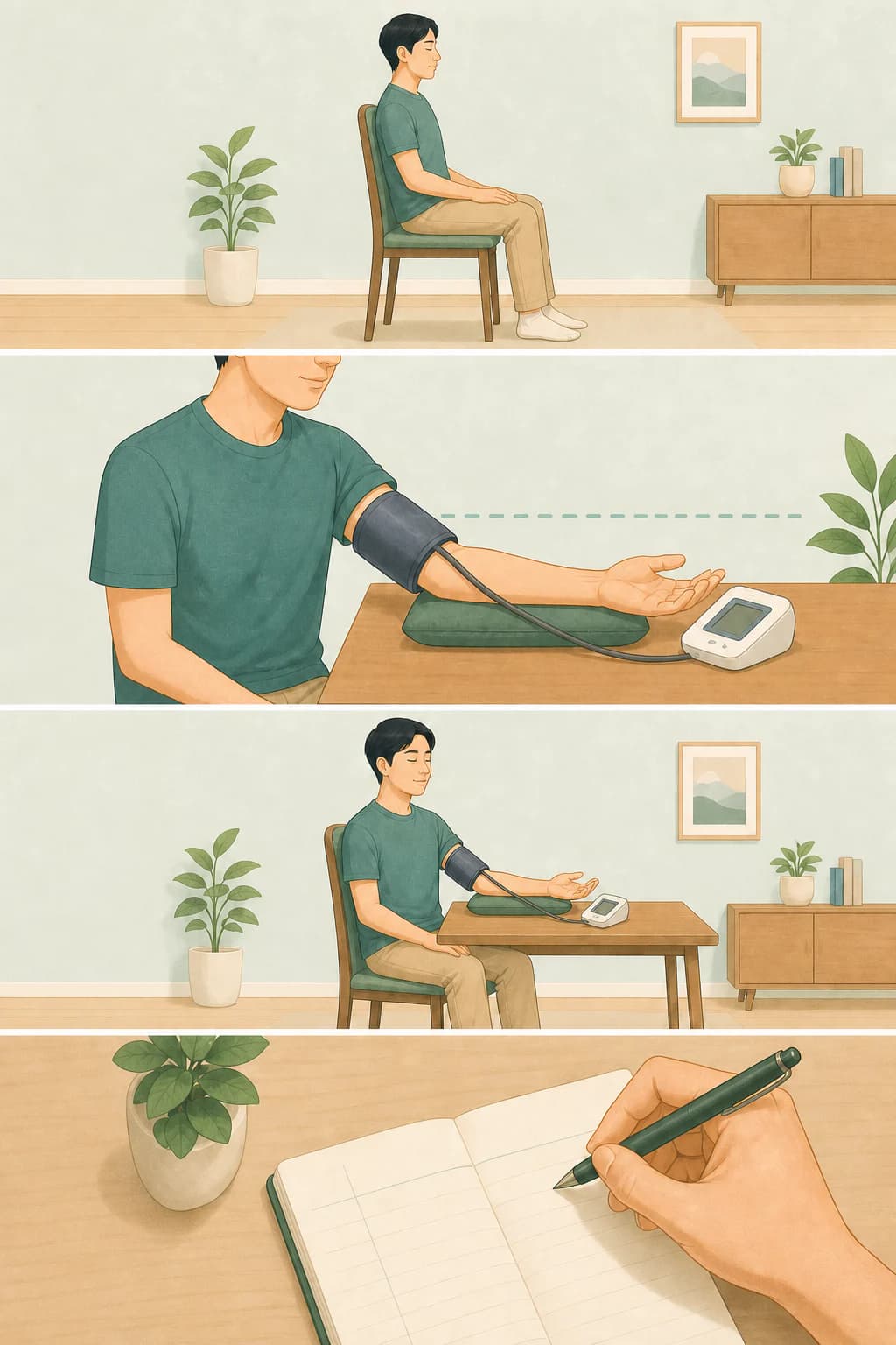 등과 팔을 받치고 두 발을 바닥에 둔 채 맨팔 커프로 혈압을 재는 자세의 교육용 삽화