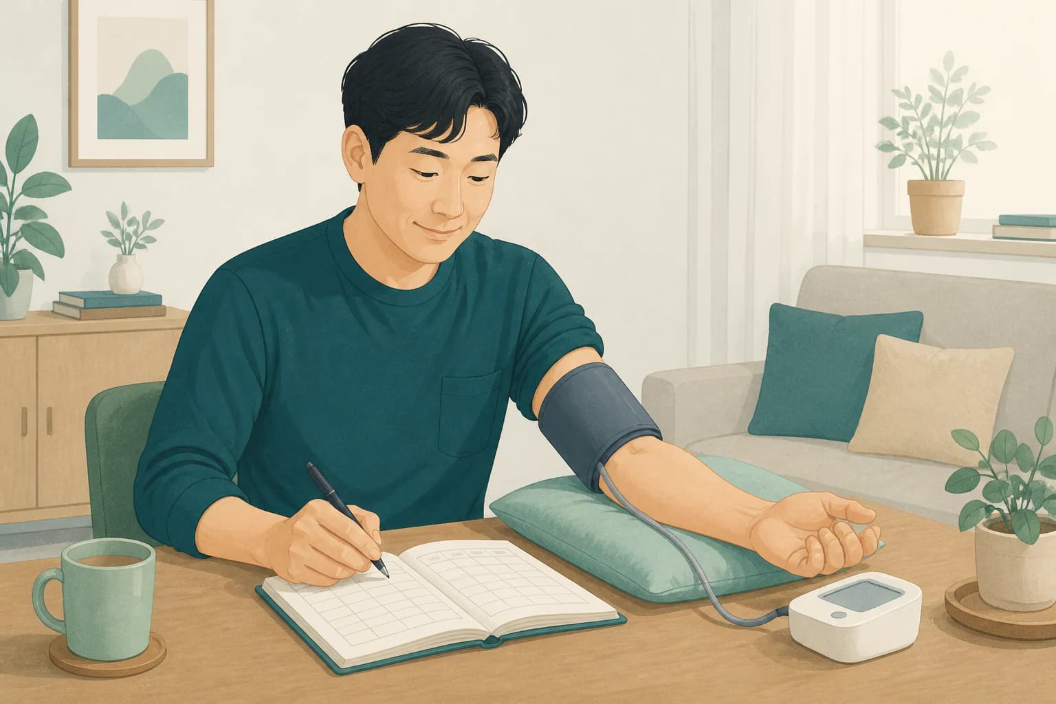 집에서 혈압을 잰 뒤 기록표에 숫자와 시간을 적는 성인의 차분한 교육용 삽화