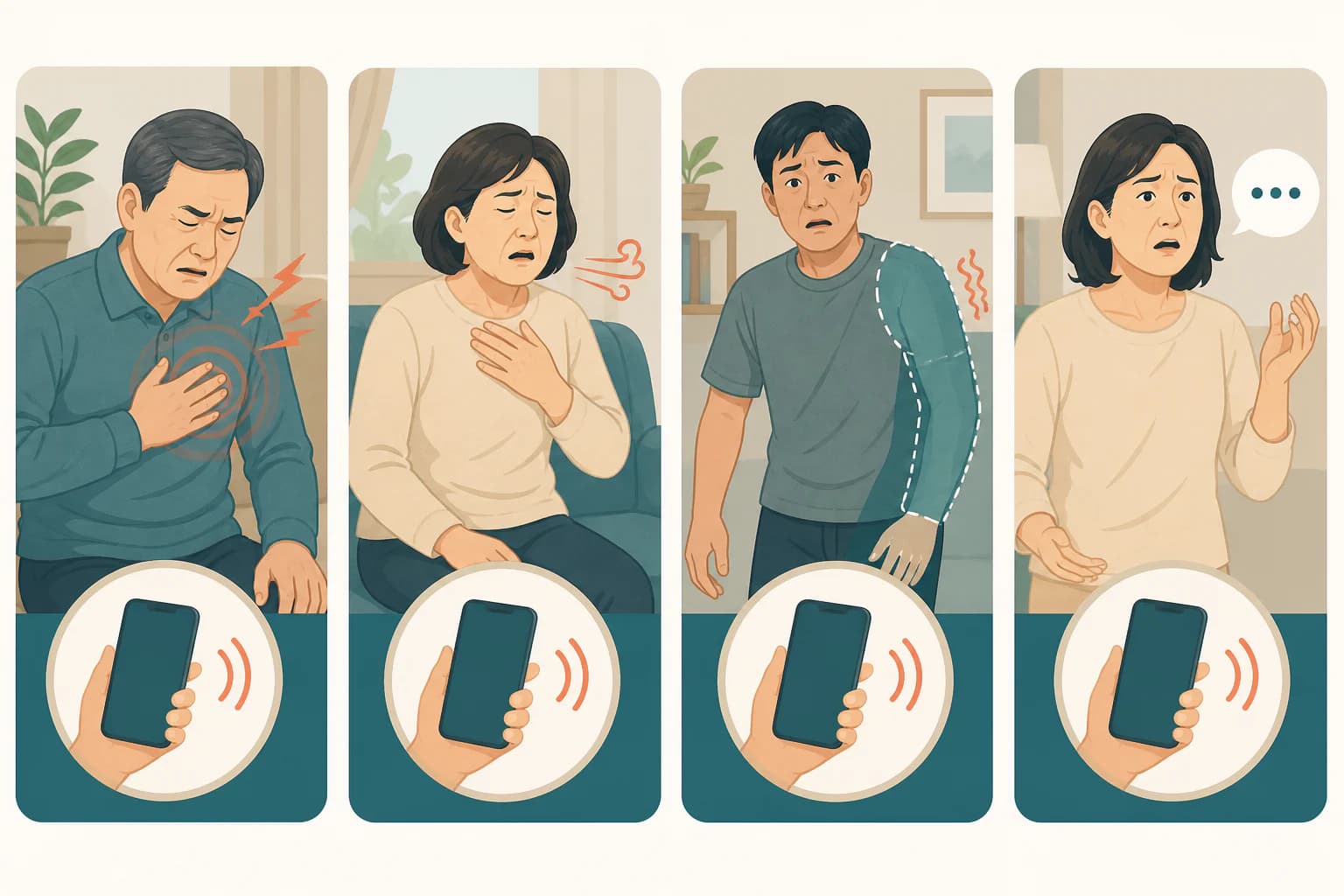 가슴 통증과 호흡곤란, 갑작스러운 한쪽 힘 빠짐과 말 이상 시 119 도움을 우선하는 경고 삽화