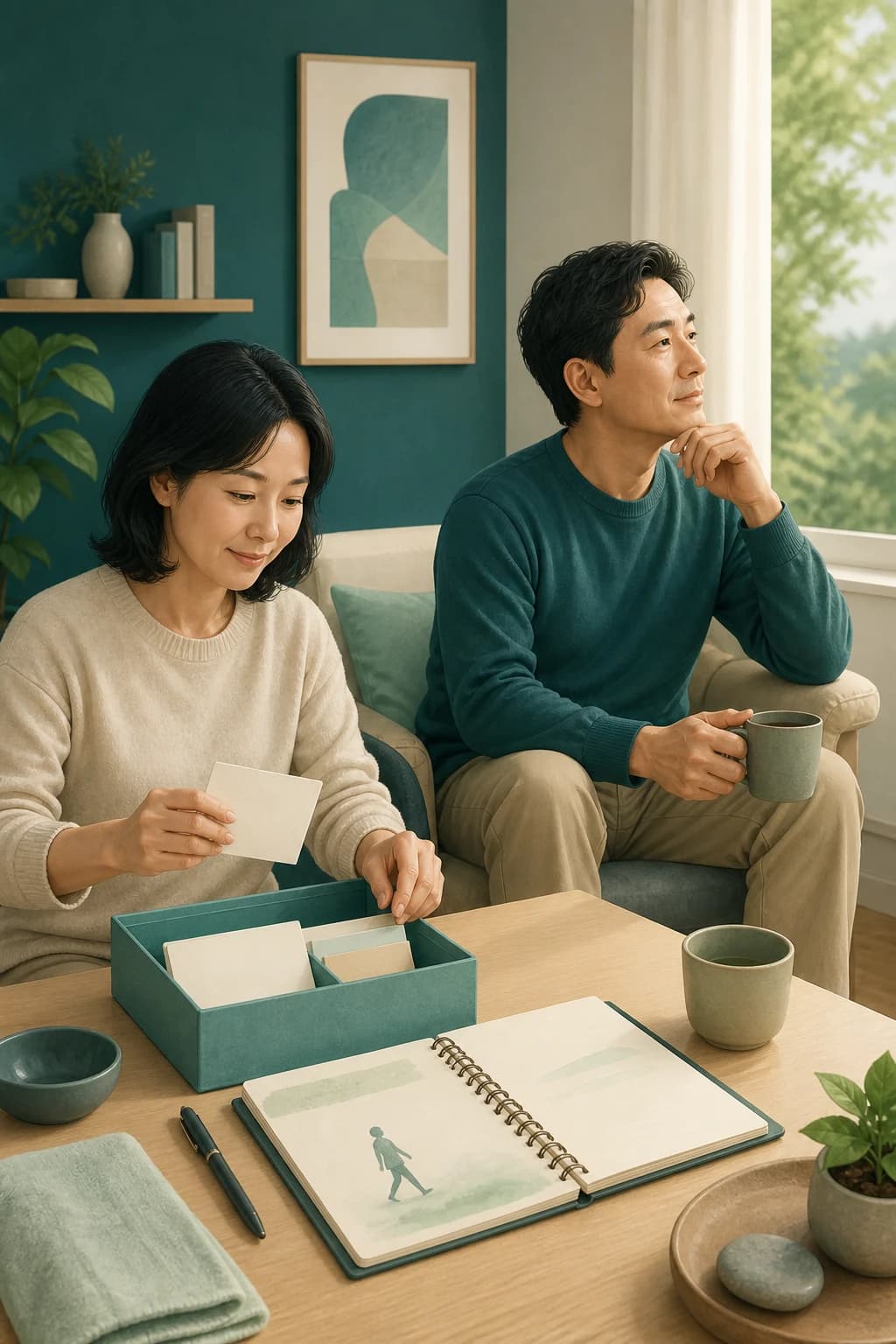 두 성인이 일상 활동 기록과 질문 카드를 차분히 준비하는 교육용 삽화
