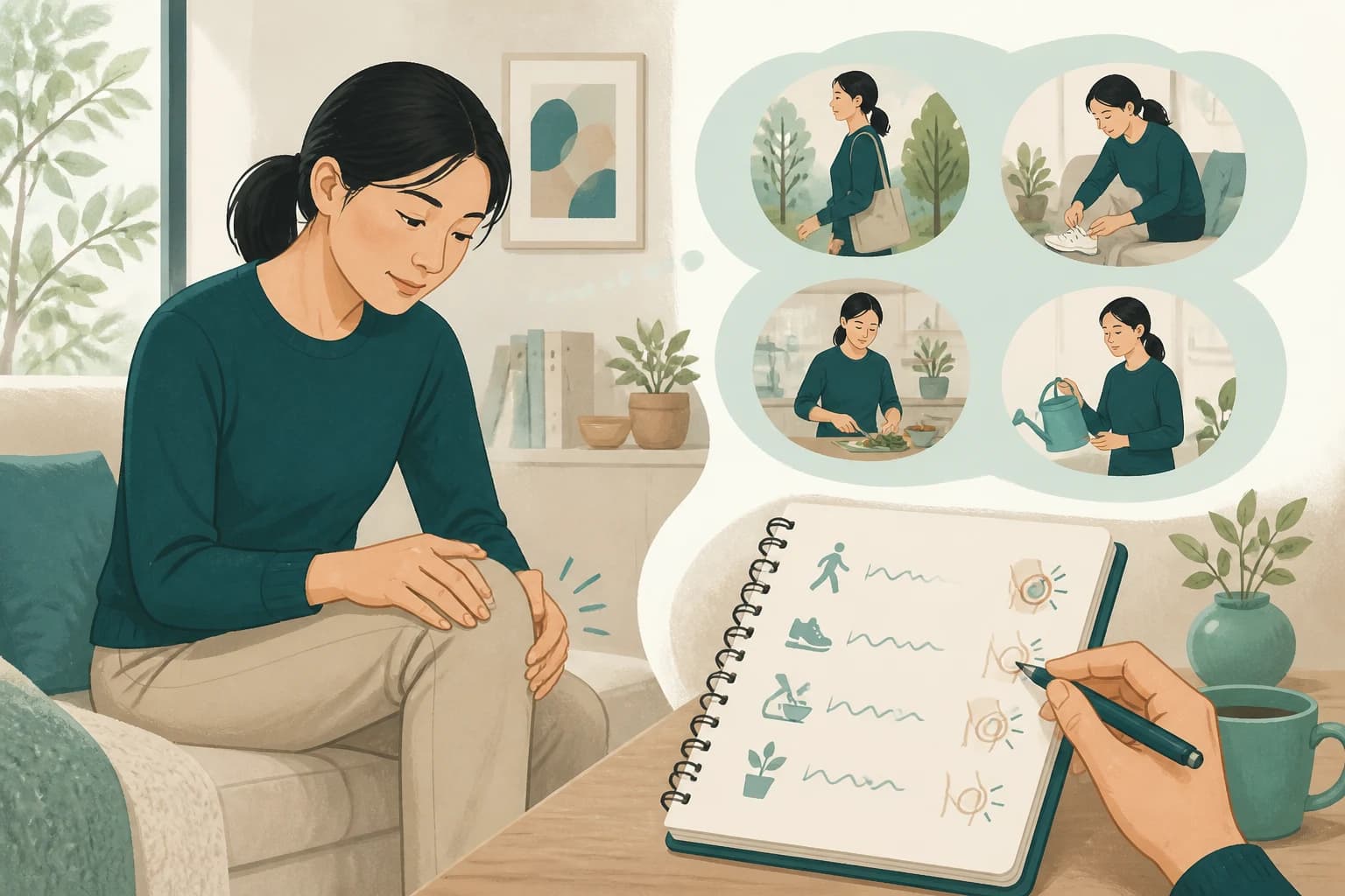 일상 활동 전후의 무릎 불편과 변화를 관찰 노트에 적는 성인의 교육용 삽화