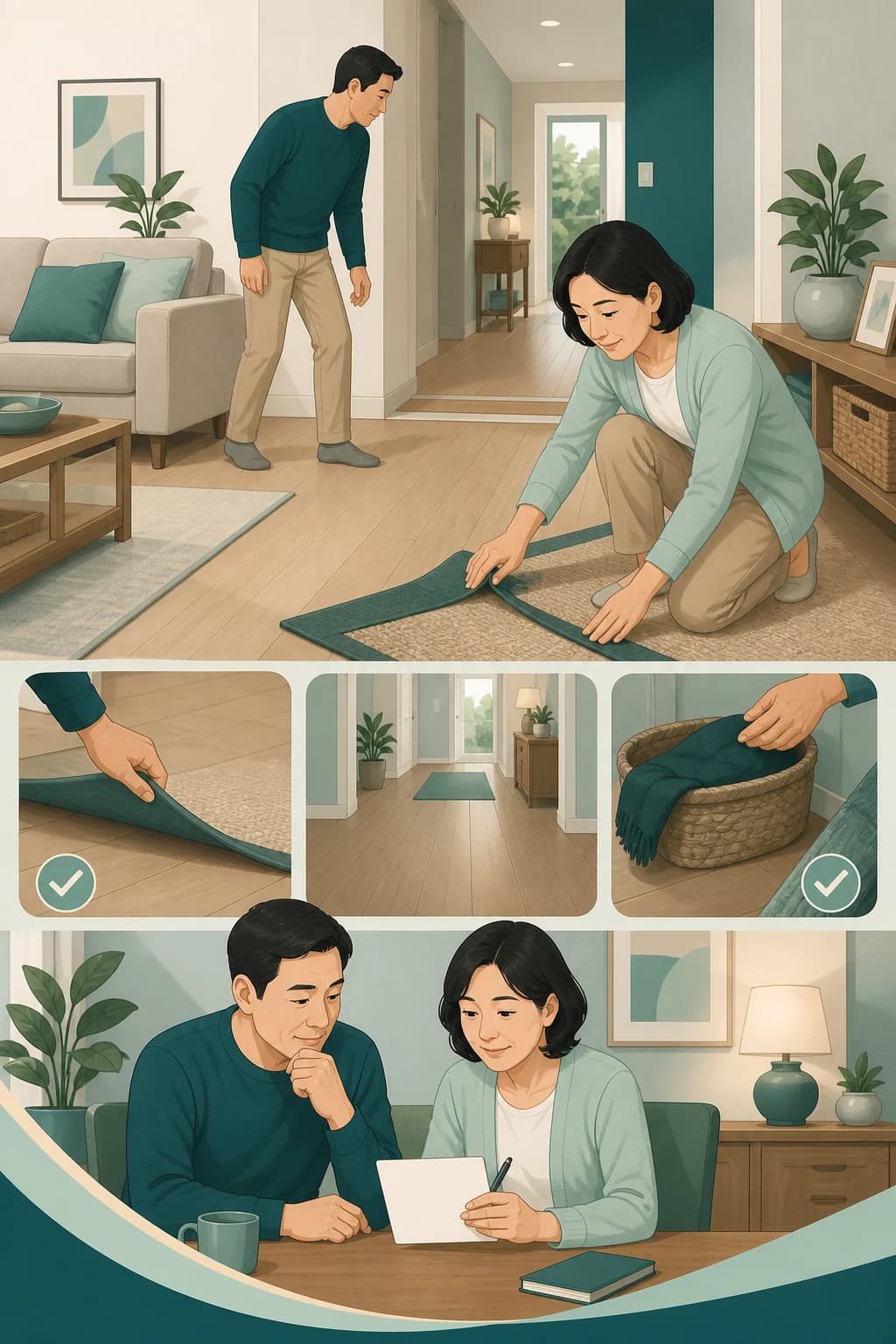 두 성인이 집 안 통로와 느슨한 매트를 살피고 질문 카드를 준비하는 교육용 삽화