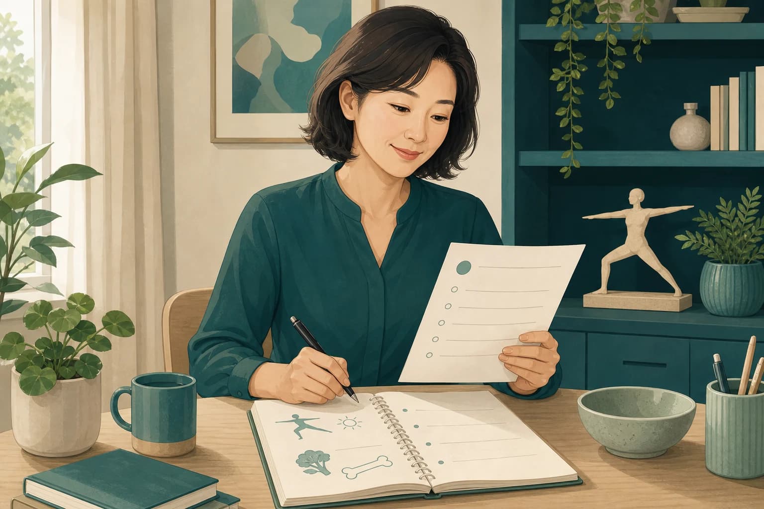 성인이 골밀도와 낙상, 복용 약에 관한 진료 질문을 정리하는 교육용 삽화