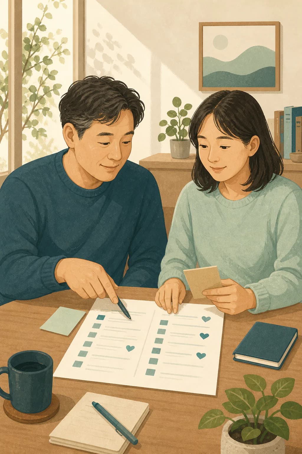 당사자의 선택을 존중하며 검사 결과와 진료 질문을 함께 정리하는 가족 삽화