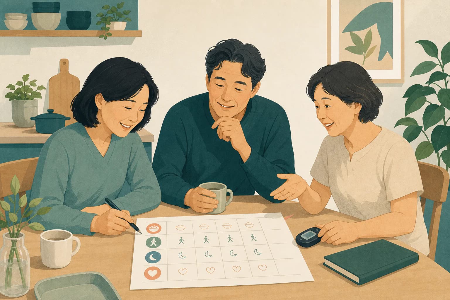 식사와 활동, 수면과 혈당 측정값을 관찰 기록지에 적는 다양한 연령의 가족 삽화