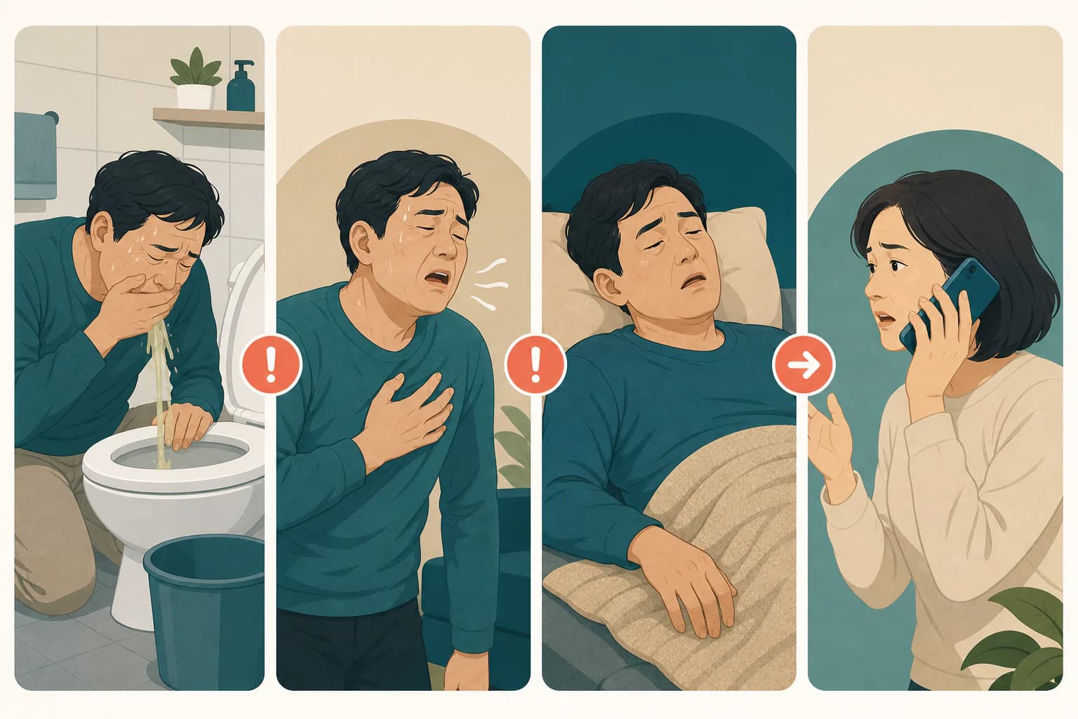 반복되는 구토와 호흡곤란, 의식 변화가 있을 때 기록보다 응급 도움을 우선하는 경고 삽화