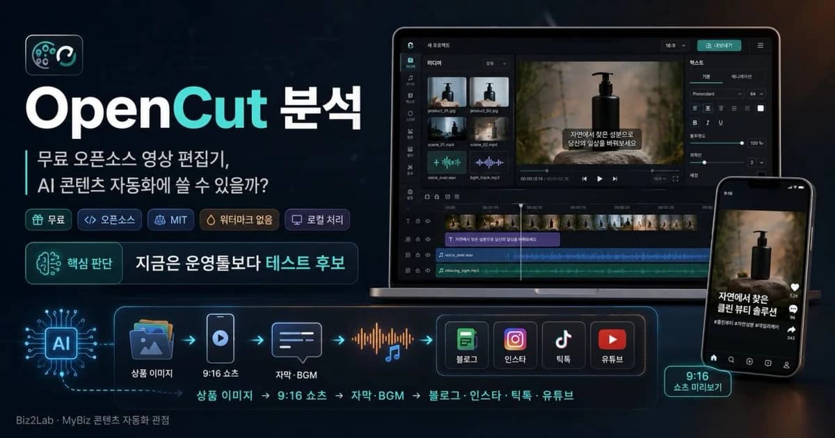 OpenCut 무료 오픈소스 영상 편집기를 AI 콘텐츠 자동화 관점에서 분석한 대표 이미지